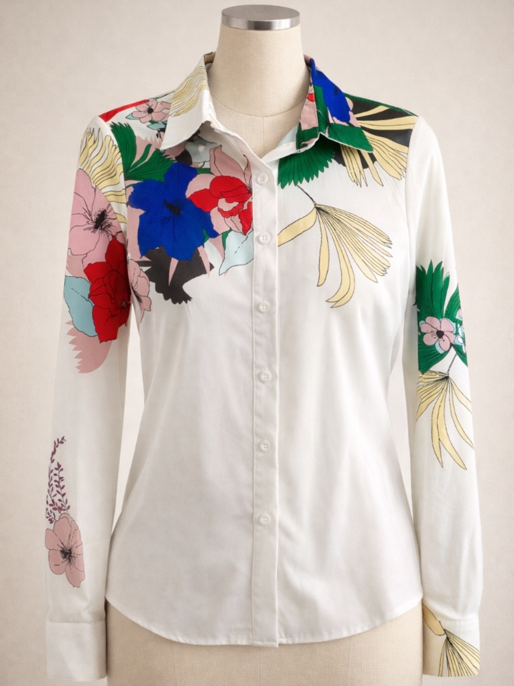 White Floral Button Front Blouse Size M Long Sleeve Gucci Inspired Top